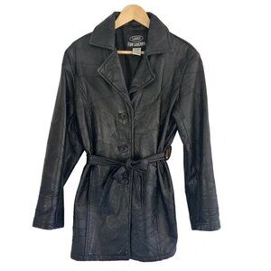 Vintage LeWorld Sz L Black‎ Leather Belted Trench Coat Patchwork Jacket